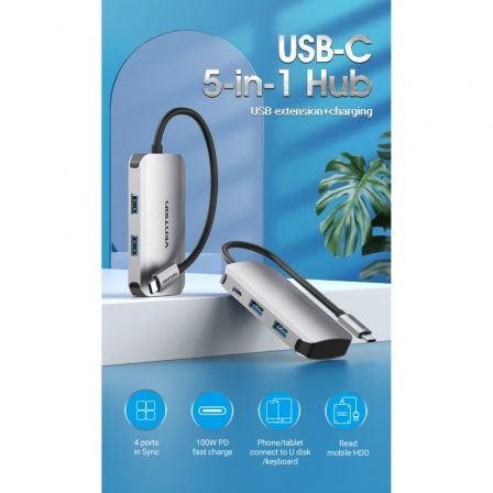 Vention TNBHB Hub USB-C con 4 Puertos USB 3.0 y Carga Rápida PD 100W